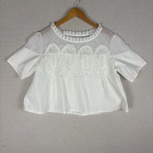 VAOYIU Blouse Womens L White Cotton Cropped Short Sleeve Lace Dainty Romantic